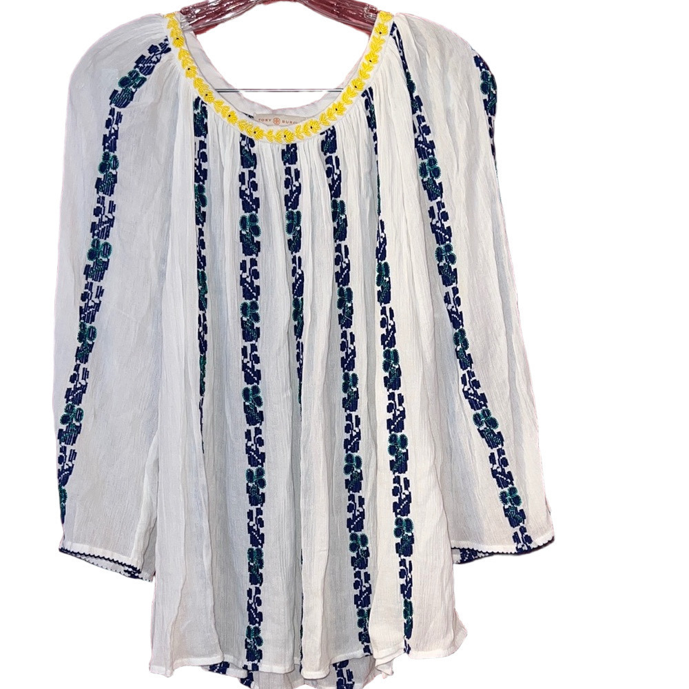 Tory Burch White Blouse with Blue Embroidery Hand Beaded Neckline 8